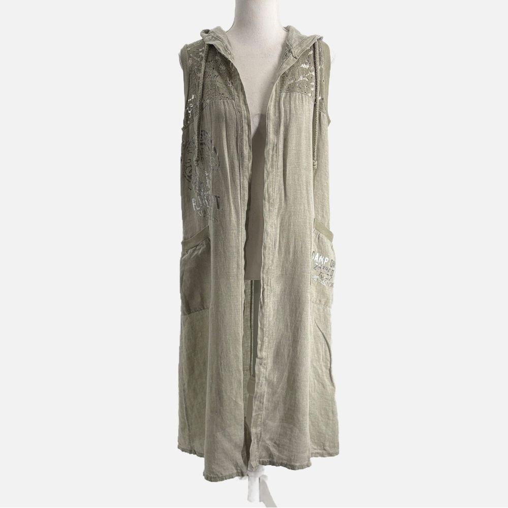 Scandal Italy Cotton Linen & Lace Sleeveless Hooded Duster in Sage - Size S/M